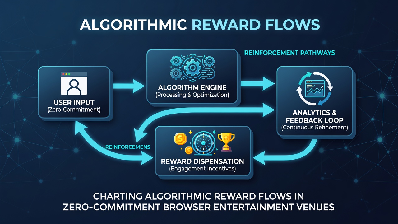 Darstellung algorithmischer Belohnungsflüsse auf einer Browser-Entertainment-Plattform mit grafischen Datenströmen