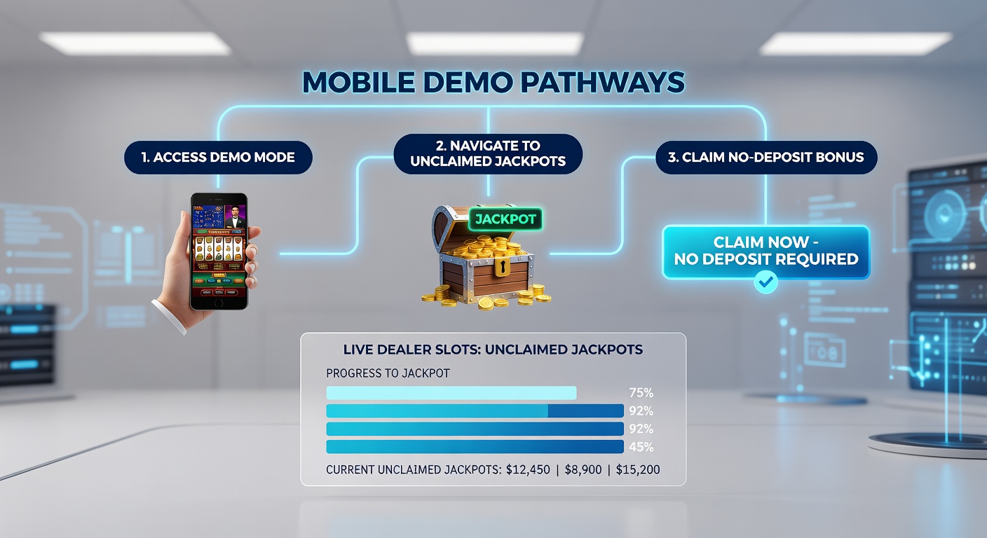 Smartphone-Display mit kartierten Demo-Pfaden und Live-Dealer-Slot-Schnittstelle für No-Deposit-Jackpots